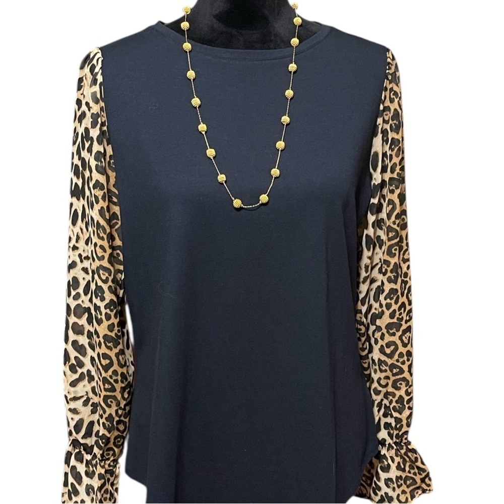 BELLE BY KIM GRAVEL CHIC SHEER LEOPARD PRINT SLEEVES TOP SZ SM EUC - Picture 2 of 11